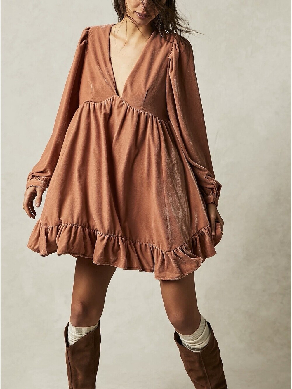 Free People Estella Velvet Ruffled Hem Mini Dress Rose Pearlβ Womenβs Sz XSmall